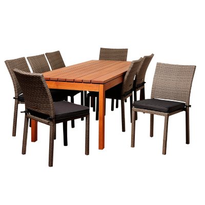 Andana Eucalyptus/Wicker Rectangular Patio Dining Set with gray Cushions (9 pcs.)