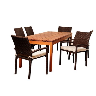 Andana Eucalyptus/Wicker Rectangular Patio Dining Set with Off-White Cushions (7 pcs.)