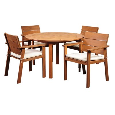 Mestalla Eucalyptus Round Patio Dining Set with Beige & Off-White Striped Cushions (5 pcs.)