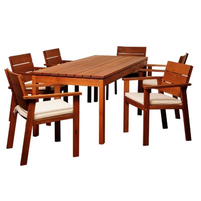 Mestalla Eucalyptus Rectangular Patio Dining Set with Beige & Off-White Striped Cushions (7 pcs.)