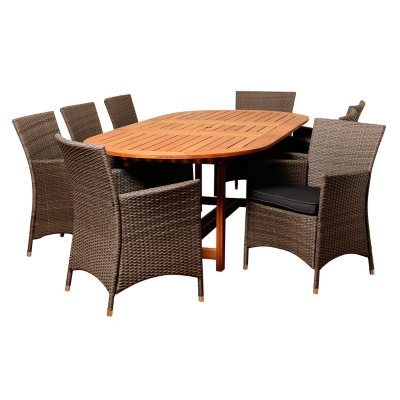 Medina Eucalyptus/Wicker Extendable Oval Patio Dining Set with Gray Cushions (9 pcs.)