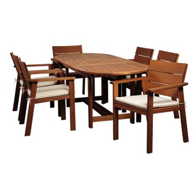 Elche Eucalyptus Extendable Oval Patio Dining Set with Beige & Off-White Striped Cushions (7 pcs.)