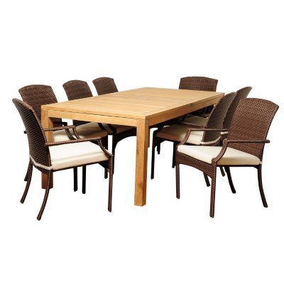 Lanciano Teak Rectangular Patio Dining Set with Off-White Cushions (9 pcs.)