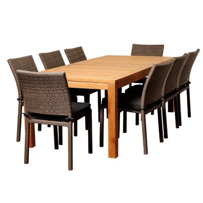 Zaragoza Teak/Wicker Rectangular Patio Dining Set with gray Cushions (9 pcs.)