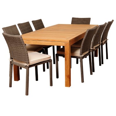Zaragoza Teak/Wicker Rectangular Patio Dining Set with Off-White Cushions (9 pcs.)