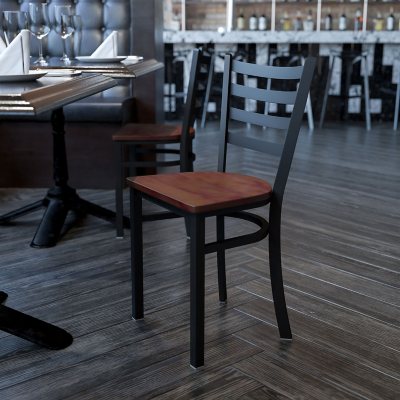 Hospitality Chair - Black Metal - Ladder Back - Cherry Finished Wood Seat - 1 pk.