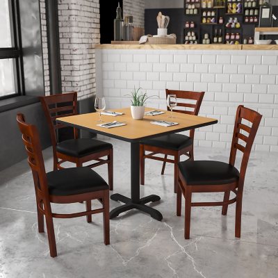 Hospitality Chair - Mahogany Wood - Ladder Back - Black Vinyl Upholstered Seat - 1 pk.