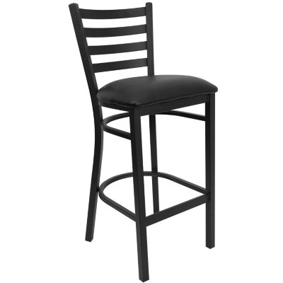Hospitality Stool Black Metal - Ladder Back - Black Vinyl Upholstered Seat - 4 Pack