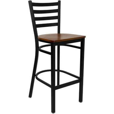 Hospitality Stool Black Metal - Ladder Back - Cherry Finished Wood Seat - 4 Pack