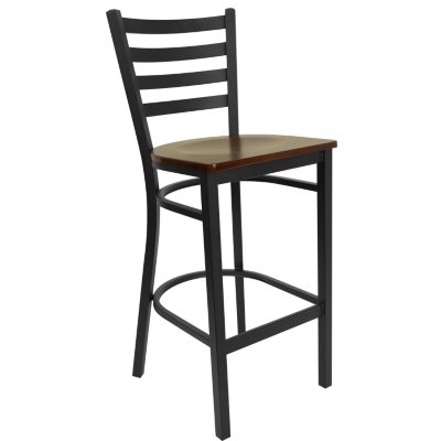 Hospitality Stool Black Metal - Ladder Back - Mahogany Finished Wood Seat - 4 Pack