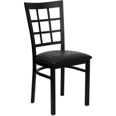 Hospitality Chair Black Metal - Window Back - Black Vinyl Upholstered Seat - 4 Pack