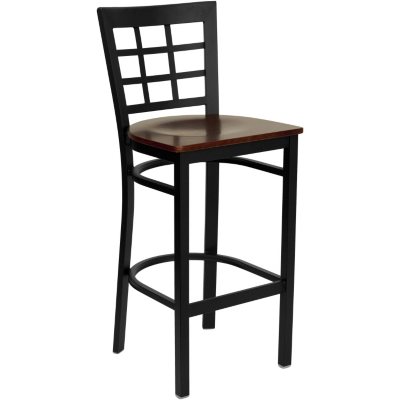 Hospitality Stool Black Metal - Window Back - Mahogany Finished Wood Seat - 4 Pack