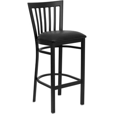 Hospitality Stool Black Metal - School House Back - Black Vinyl Upholstered Seats - 4 Pack