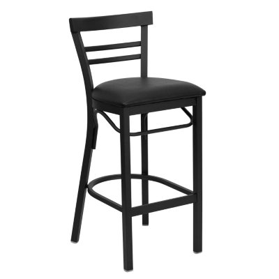 Hospitality Stool Black Metal - Ladder Back - Black Vinyl Upholstered Seat - 4 Pack