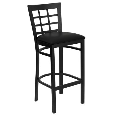 Hospitality Stool Black Metal - Window Back - Black Vinyl Upholstered Seat - 8 Pack