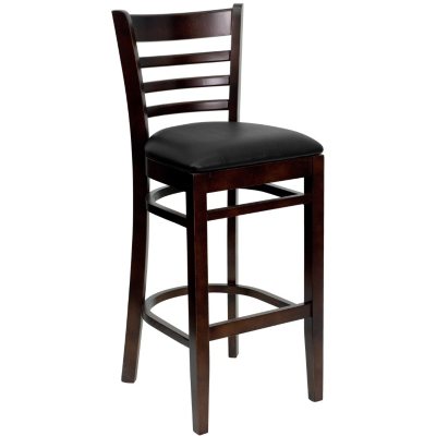 Hospitality Stool Walnut Wood - Ladder Back - Black Vinyl Upholstered Seat - 8 Pack