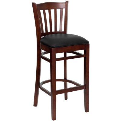 Hospitality Stool Mahogany Wood - Vertical Slat Back - Black Vinyl Upholstered Seat - 8 Pack