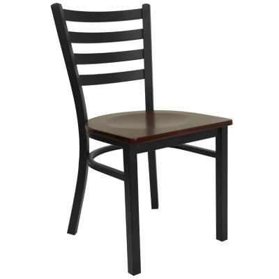 Hospitality Chair Black Metal - Ladder Back - Mahogany Finished Wood Seat - 24 Pack