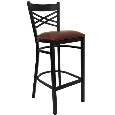 Hospitality Stool Black Metal - X-Back - Burgundy Vinyl Upholstered Seat - 16 Pack