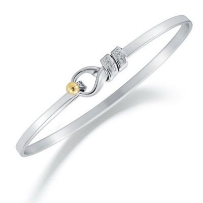 Sterling Silver and 18K Flat Wire Bangle with Diamond Pave
