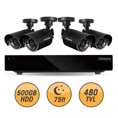 Defender Connected 4Ch 500GB DVR with 4 x 480TVL 75ft Night Vision Indoor/Outdoor Surveillance Cameras
