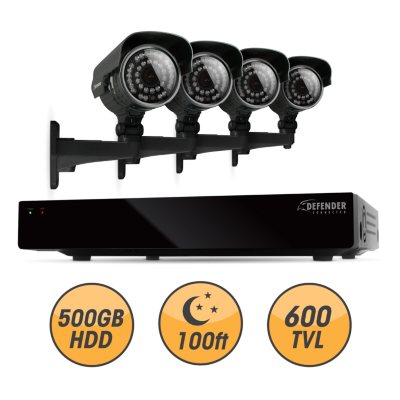 Defender Connected 4Ch 500GB DVR with 4 x 600TVL 100ft Night Vision Indoor/Outdoor Surveillance Cameras