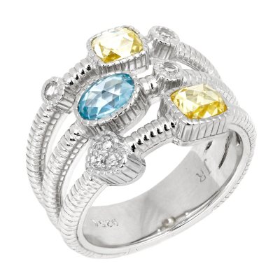 Judith Ripka 3-Band Ring with Oval & Elongated Cushion Stone, Pave Heart & Round Bezels