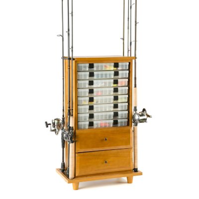 Open Top Frame Fishing Cabinet, Oak Finish