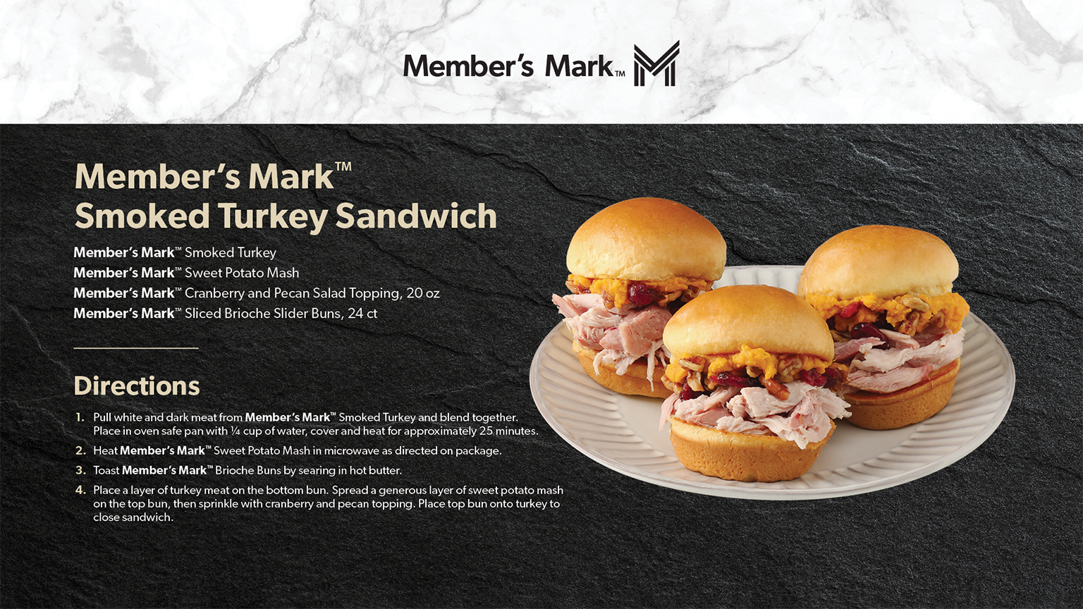 Ingredients and recipe for Member’s Mark Smoked Turkey Sandwich.