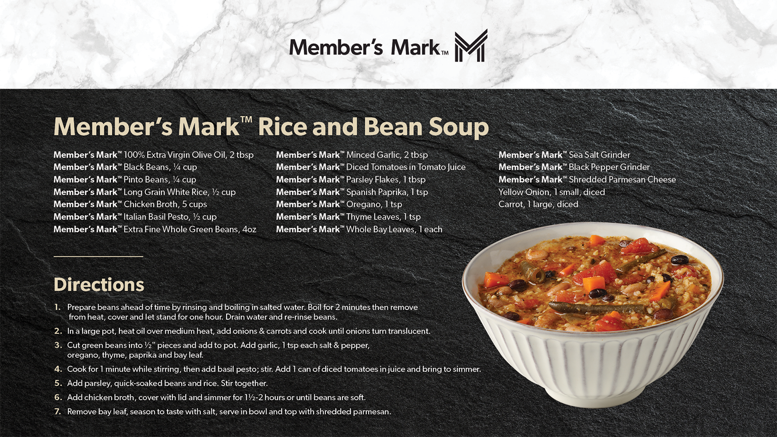 Ingredients and recipe for Member’s Mark Rice & Bean Soup.