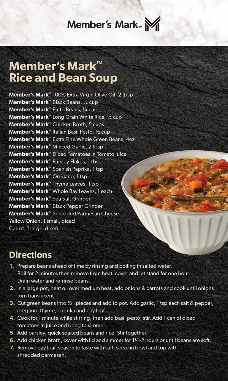 Ingredients and recipe for Member’s Mark Rice & Bean Soup.