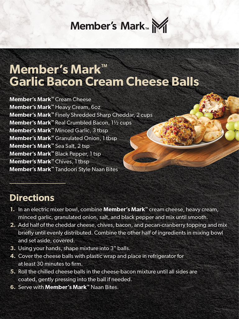 Ingredients and recipe for Member’s Mark Garlic Bacon Cream Cheese Balls.
