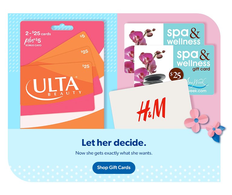 Let Mom get exactly what she wants with gift cards. Shop gift cards.