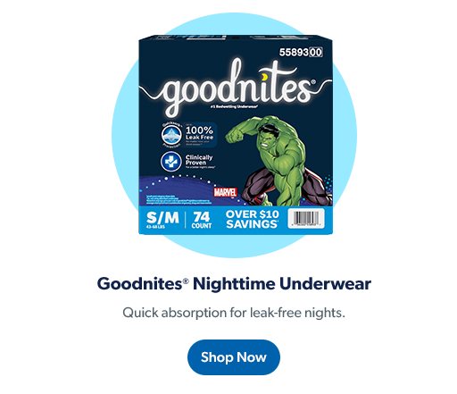 Goodnites Nighttime Underwear has quick absorption for leak-free nights.