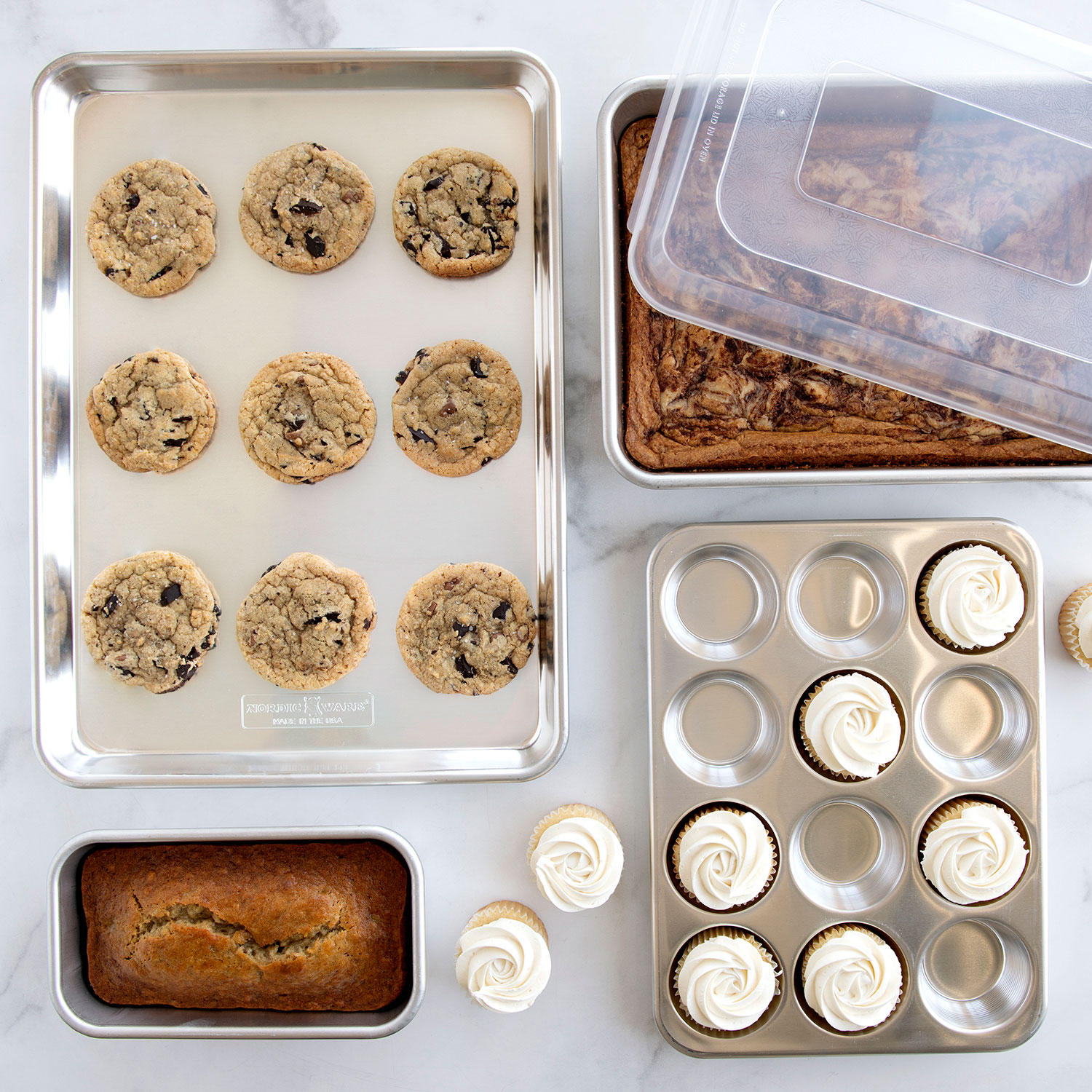 Nordic Ware Silver Naturals Baking Set of 5, Half sheet, Muffin, 1lb and 9x13 Cake Pan With Lid