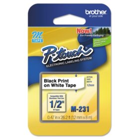 Brother P-Touch M231 Label Tape, 1/2", Black on White
