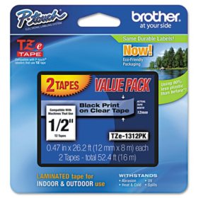 Brother P-Touch TZe Standard Adhesive Laminated Labeling Tapes, Black on Clear