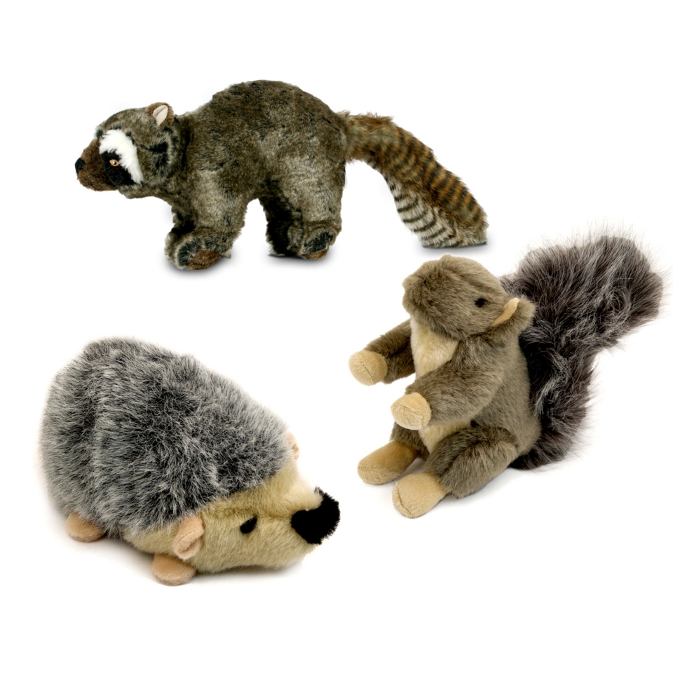 3 PC Woodland Wildlife Critters Plush Squeaky Dog Toys Raccoon Hedgehog Chipmunk