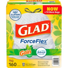 Glad ForceFlex 13-Gallon Kitchen Trash Bags, Gain Original Scent + Febreze, 160 ct.