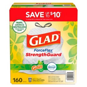 Glad ForceFlex 13-Gallon Kitchen Trash Bags, Gain Original Scent + Febreze, 160 ct.