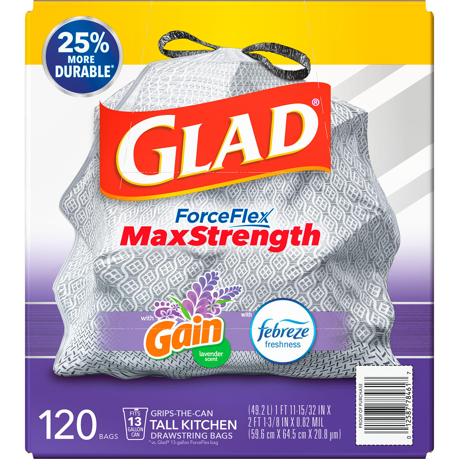Glad ForceFlex Max Strength Tall Kitchen Drawstring Trash Bags, Gain Lavender (13 gal, 120 ct.)