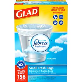 Glad Small Twist-Tie White Trash Bags, Fresh Clean Scent with Febreze Freshness, 4 gal., 156 ct.