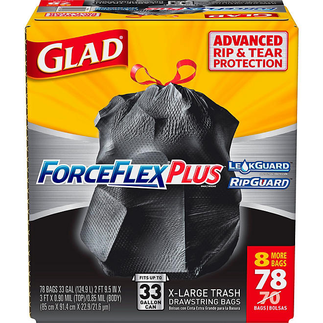 Glad ForceFlexPlus Drawstring Large Trash Bags, 33 Gallon (78 ct.)