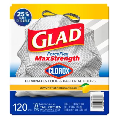 Glad ForceFlex Tall Kitchen Trash Bags With Clorox, Lemon Fresh Bleach  Scent (13 gal., 120 ct.) - Sam's Club