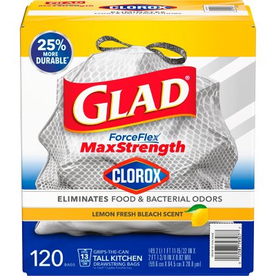 Glad ForceFlex Tall Kitchen Trash Bags With Clorox, Lemon Fresh Bleach  Scent (13 gal., 120 ct.) - Sam's Club