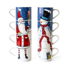 Over&back 4-Piece Stackable Snowman and Santa Mug Set of 4, 10oz