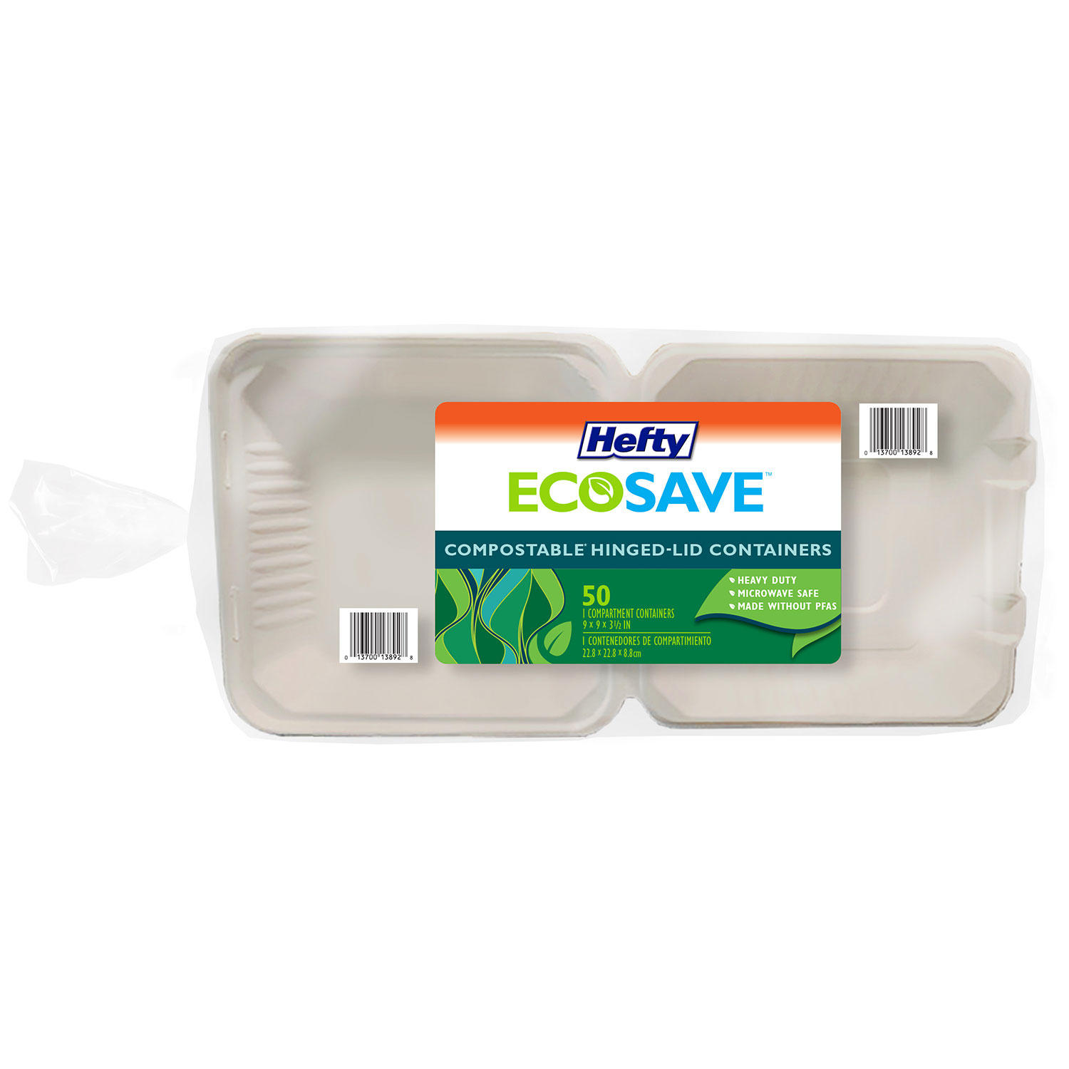 Hefty ECOSAVE 1-Compartment Hinged Lid Container (9' x 9', 50 ct.)