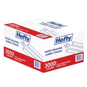 Hefty Jumbo Translucent Wrapped Plastic Straws, 7.75", 3, 000 ct.