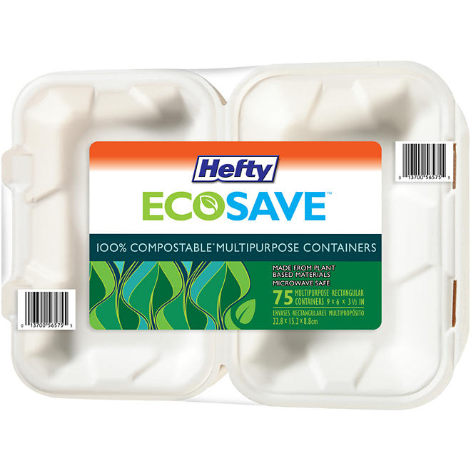 Hefty ECOSAVE Hoagie Hinged Lid Container 9" x 6", 75 ct.