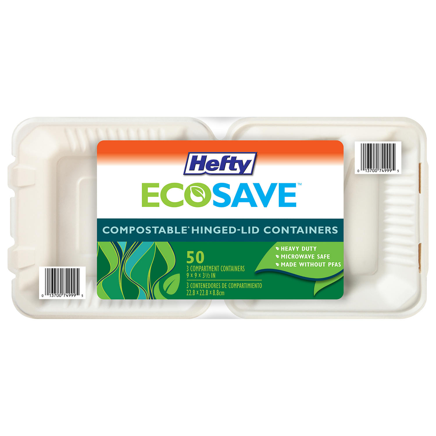 Hefty ECOSAVE 3-Compartment Hinged Lid Container (9' x 9', 50 ct.)